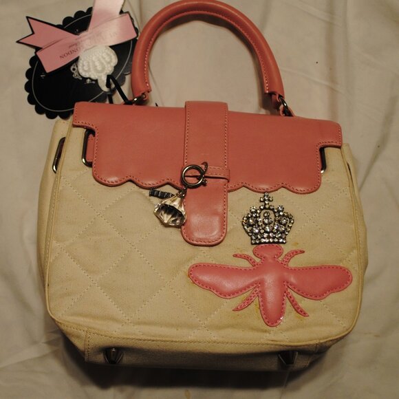 NWT MY FLAT PINK & WHITE LEATHER & COTTON QUILTED BAG - Picture 1 of 11